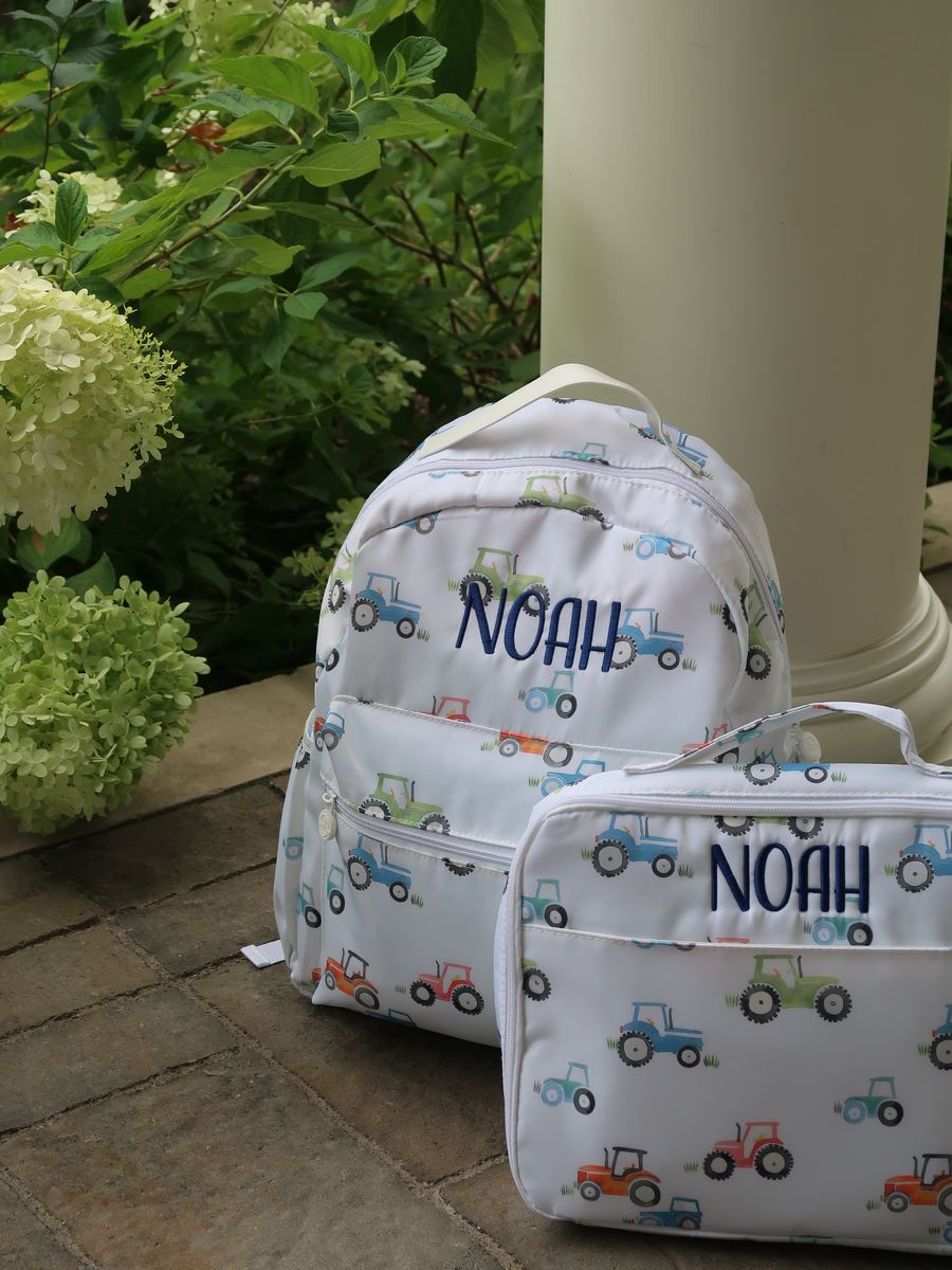 Toddler backpack and matching bag with tractor print, embroidered NOAH